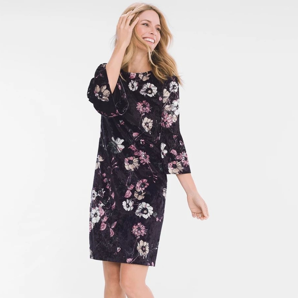 Chico's Black Floral Velvet Bell Sleeves Midi Shift Dress Size 3 (US 16/18)